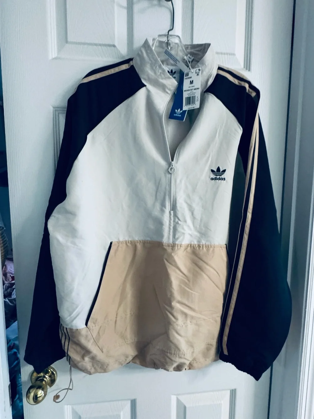 adidas Men’s Colorblock Half-Zip Windbreaker in White, Black & Tan